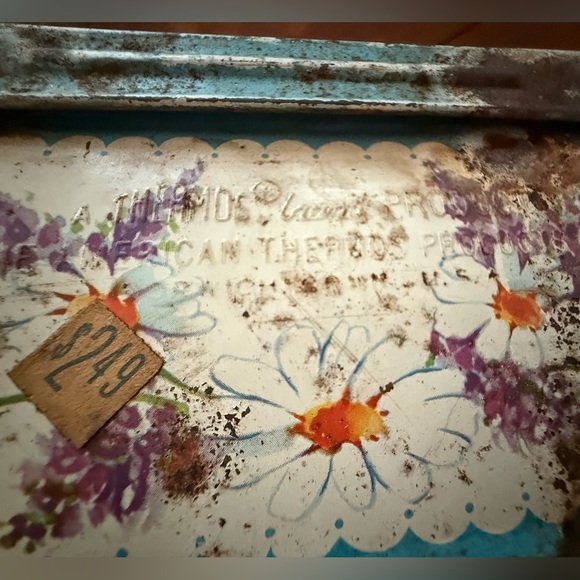 Vintage 1950s Thermos Corsage Flower Metal Lunchbox – Blue Floral Design - Picture 11 of 13